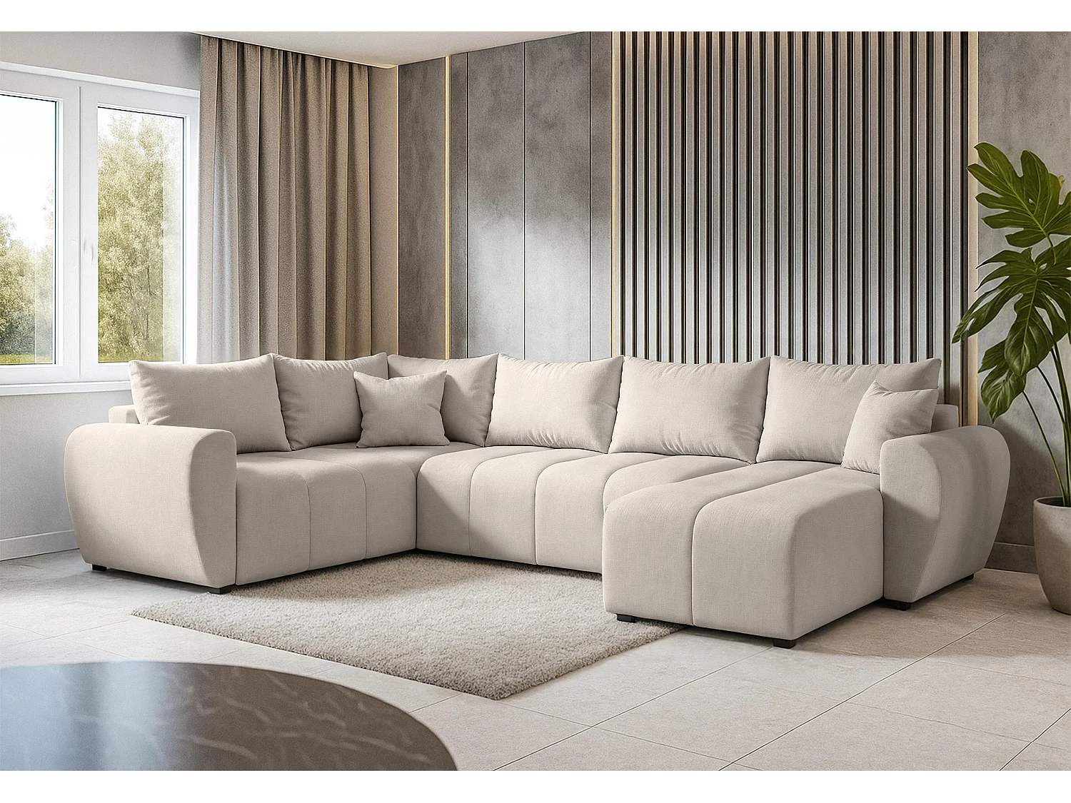 AX LIVING Canapé XXL en U Malatya beige 303 cm convertible gauche