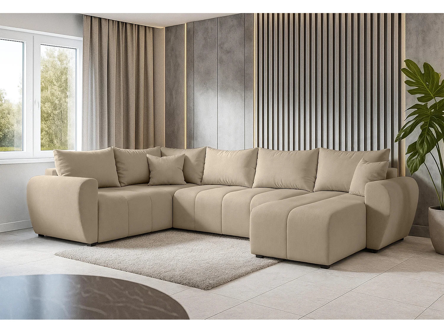 AX LIVING Canapé XXL en U Malatya marron clair 303 cm convertible gauche