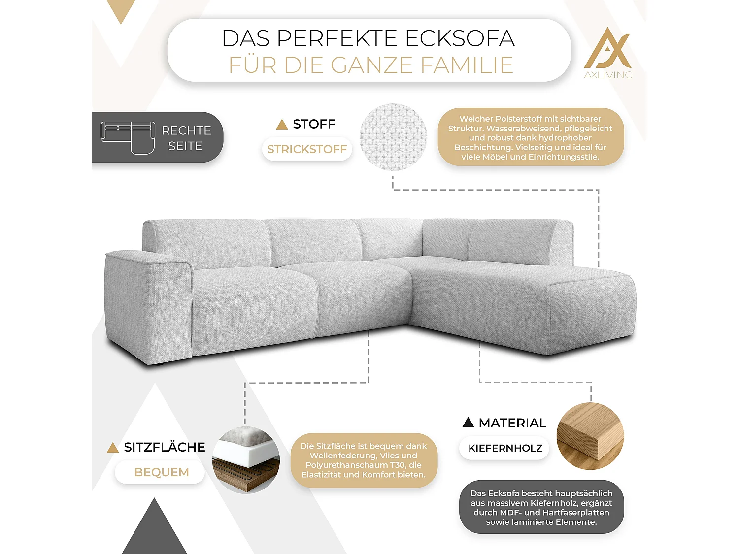 AX LIVING Couch Sofa L Form Didim L Silber 292 stilvoll & bequem R