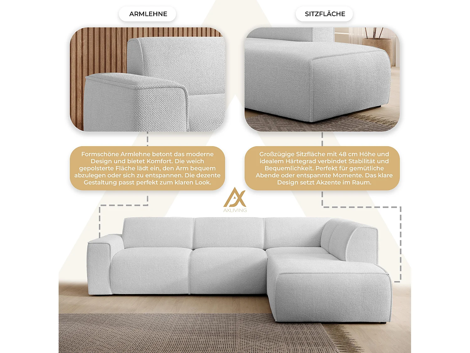 AX LIVING Couch Sofa L Form Didim L Silber 292 stilvoll & bequem R