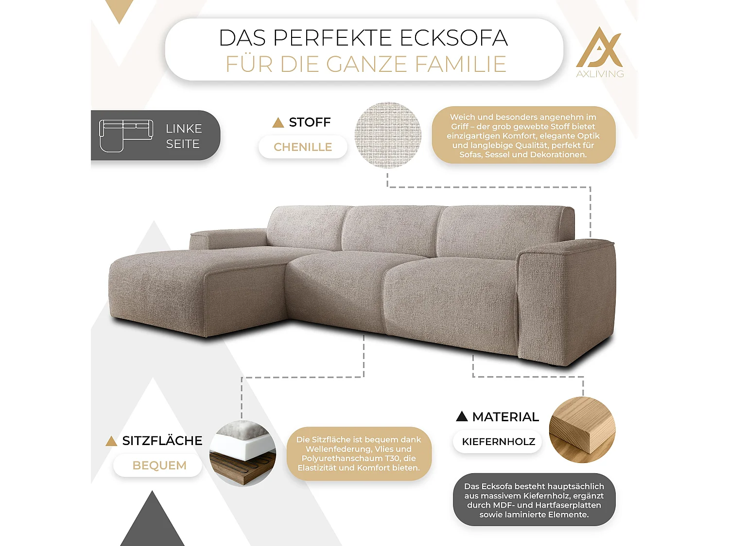 AX LIVING Couch Sofa L Form Didim mini Ivory 310 cm breit, stilvoll L