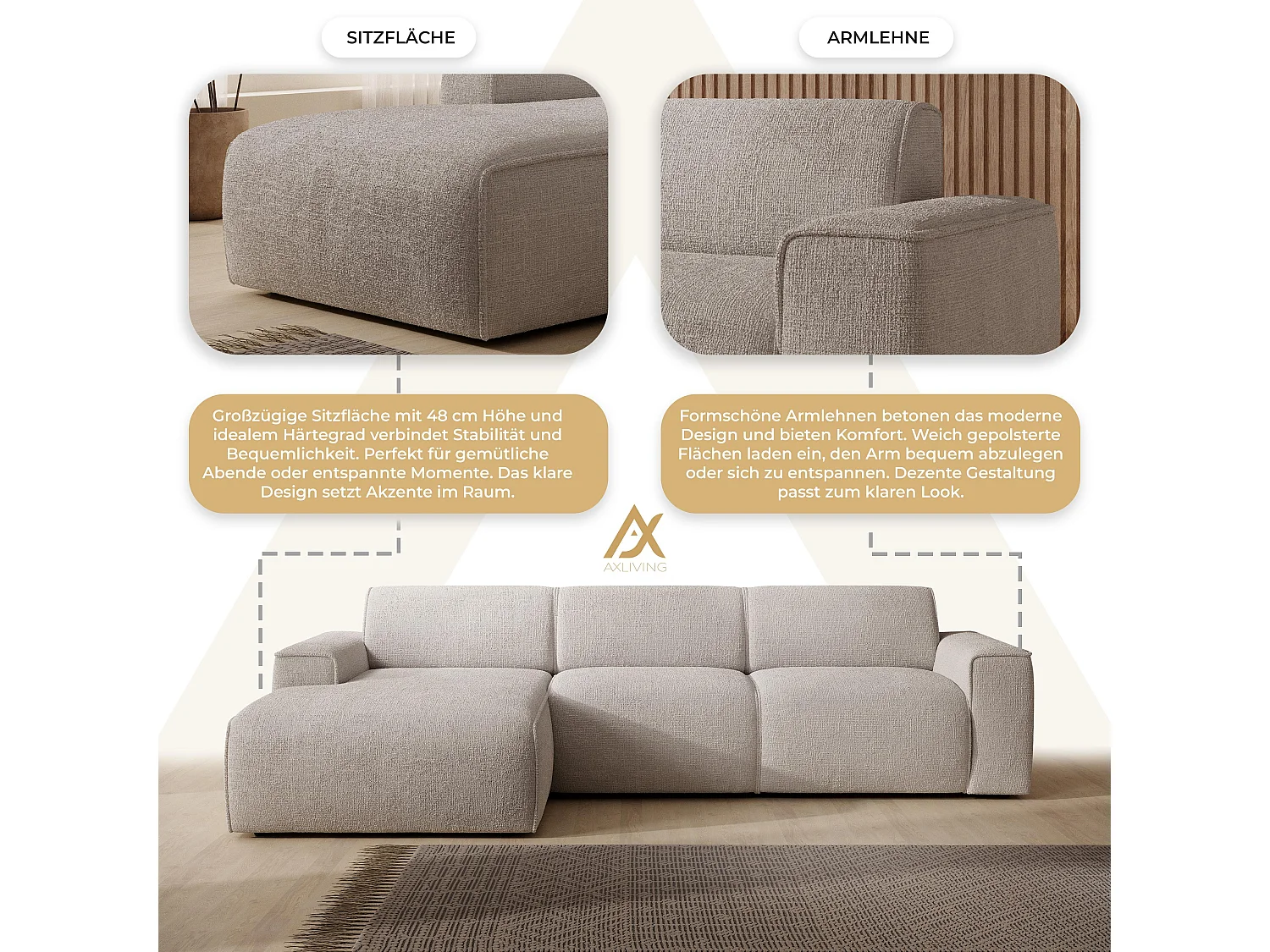 AX LIVING Couch Sofa L Form Didim mini Ivory 310 cm breit, stilvoll L