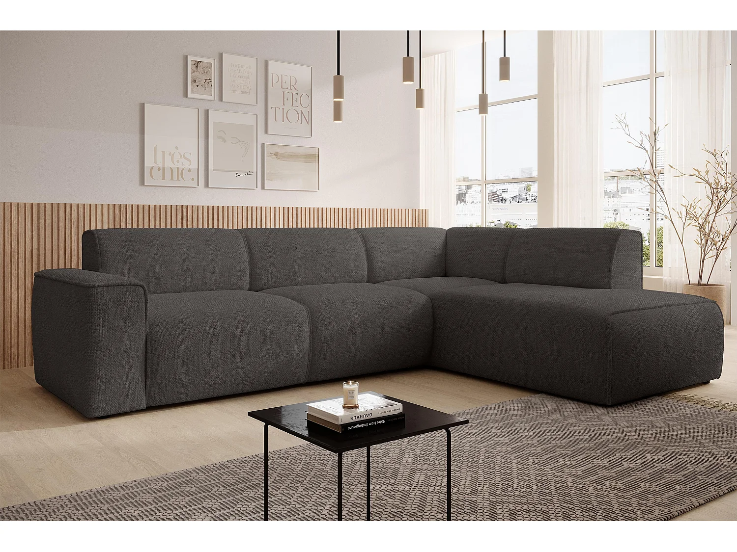 AX LIVING Canapé d’angle L Didim L gris 292 cm élégant confortable droite
