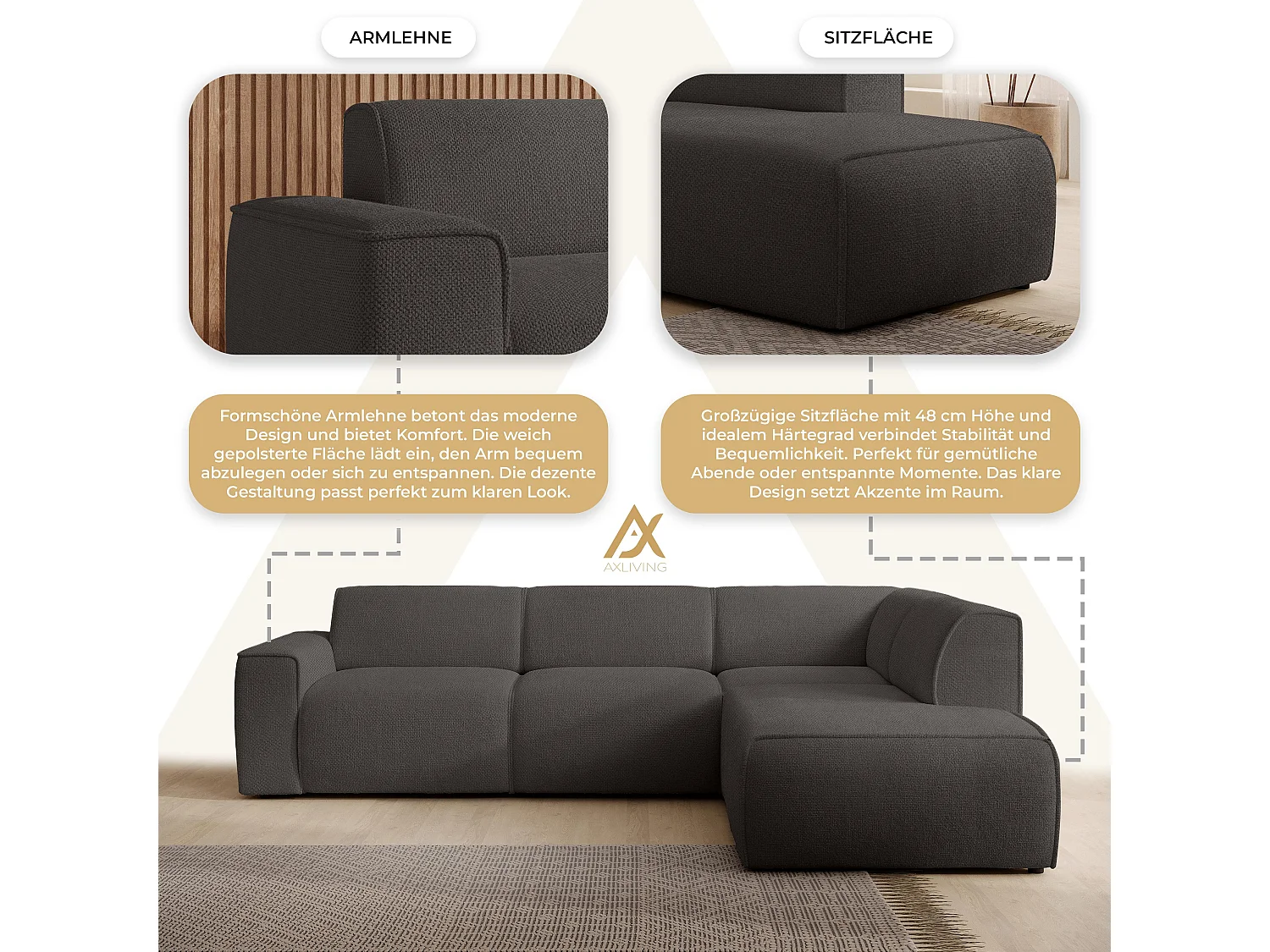 AX LIVING Canapé d’angle L Didim L gris 292 cm élégant confortable droite