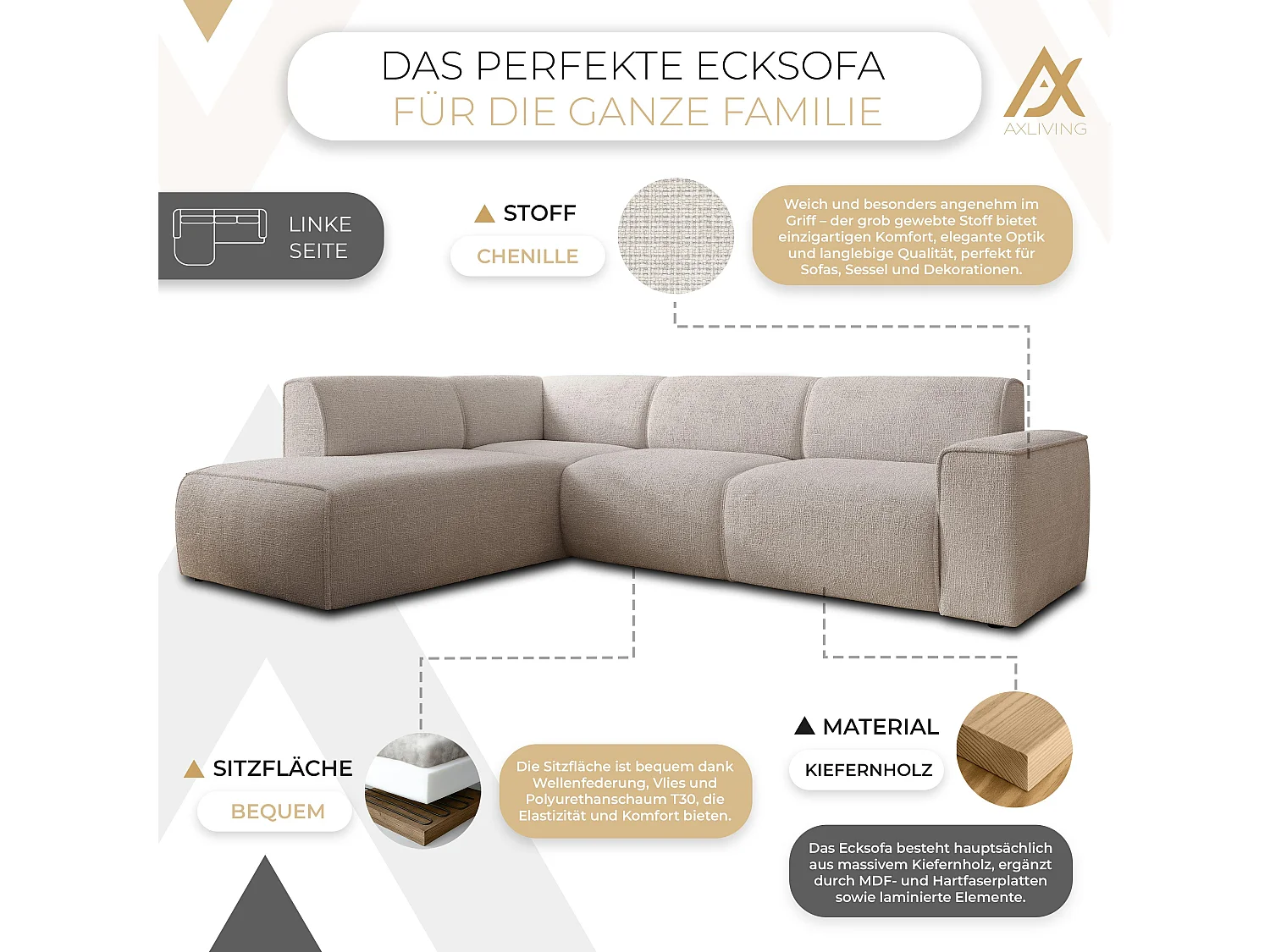 AX LIVING Couch Sofa L Form Didim L Ivory – 292 cm stilvoll & bequem L