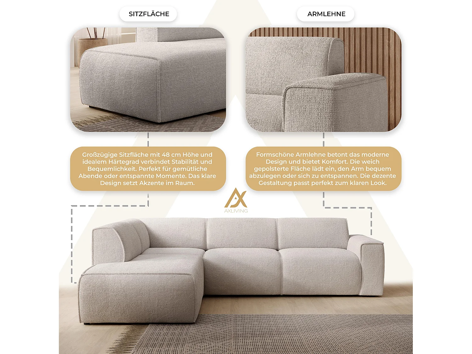 AX LIVING Couch Sofa L Form Didim L Ivory – 292 cm stilvoll & bequem L