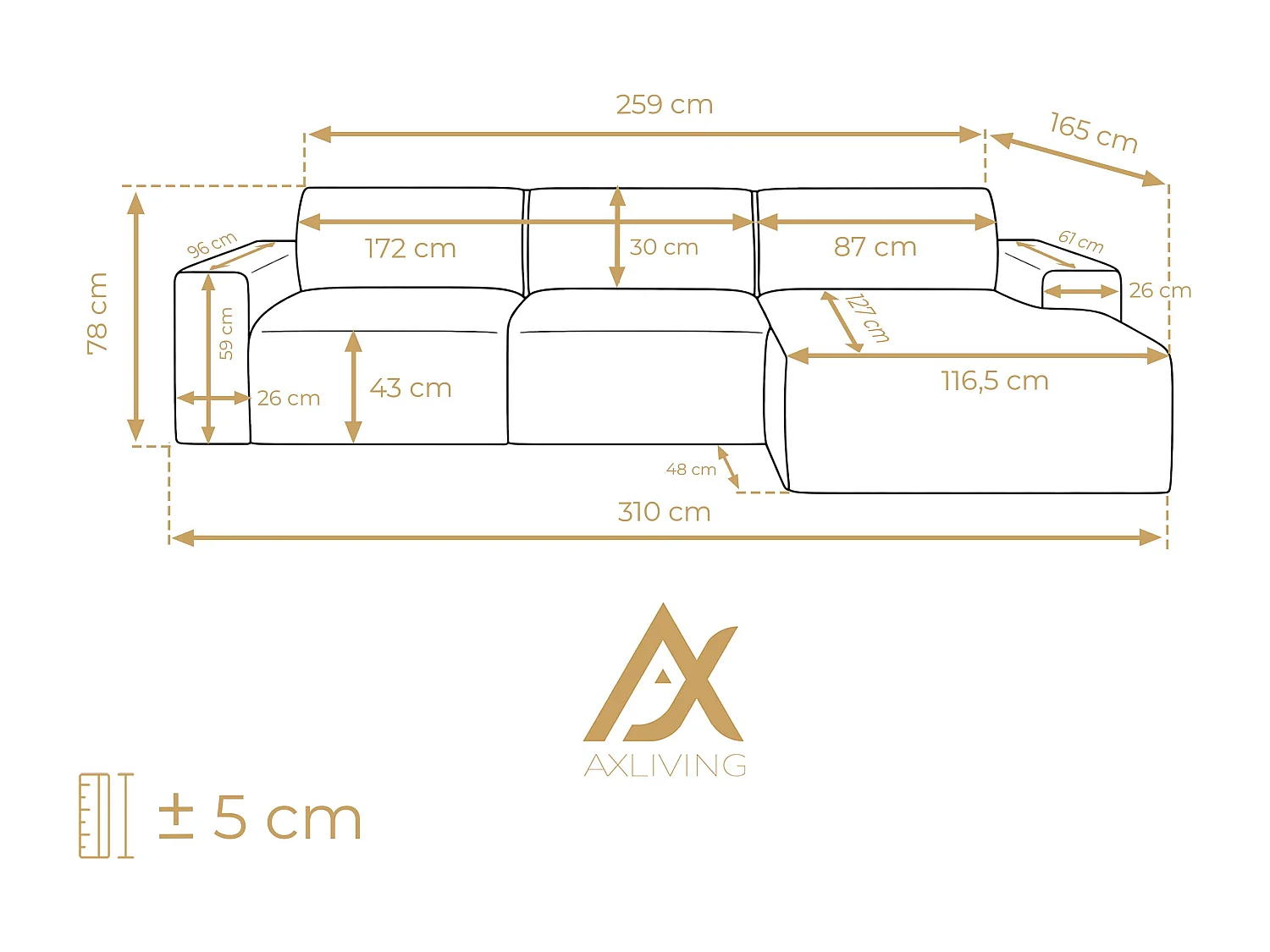 AX LIVING Couch Sofa L Form Didim mini Creme 310 cm breit, stilvoll R