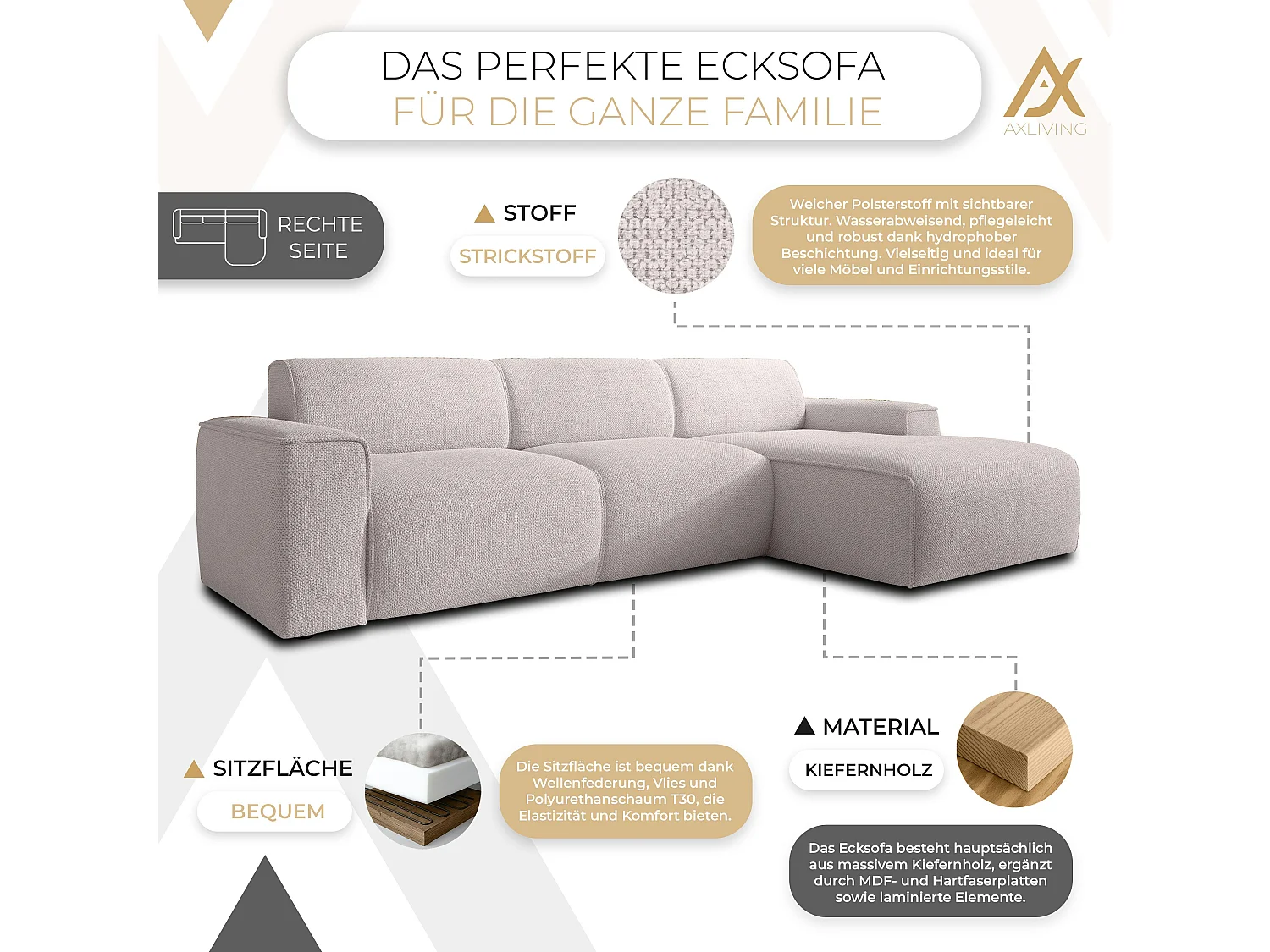 AX LIVING Couch Sofa L Form Didim mini Creme 310 cm breit, stilvoll R