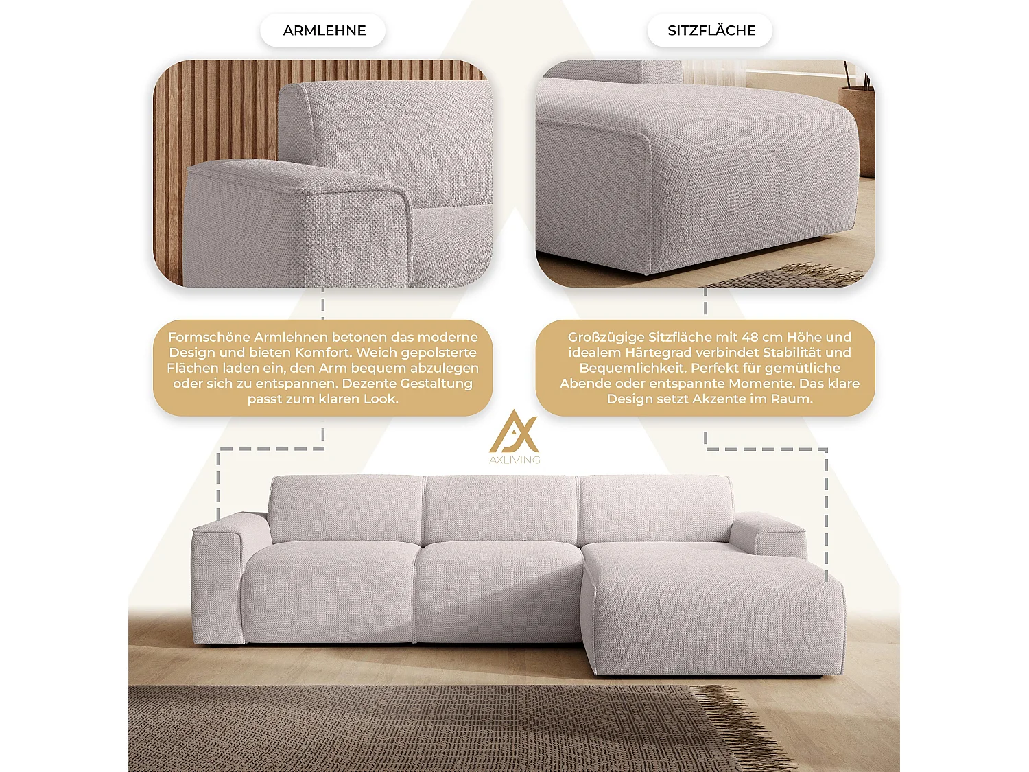 AX LIVING Couch Sofa L Form Didim mini Creme 310 cm breit, stilvoll R