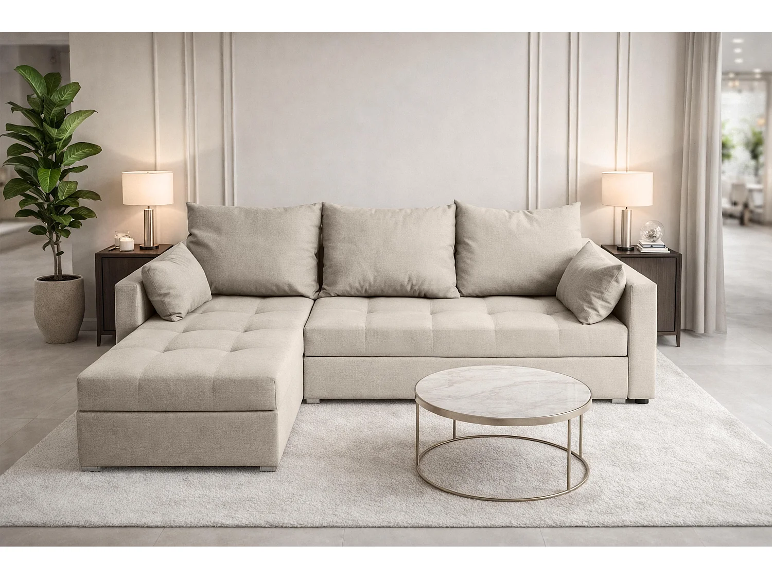 AX LIVING Canapé d’angle ELIF beige convertible avec coffre L moderne gauche