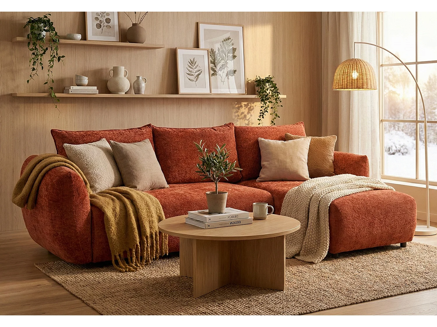 Canapé d’angle droit convertible élégant ZEPHIRA 258 × 170 cm en tissu FLOW 9 orange