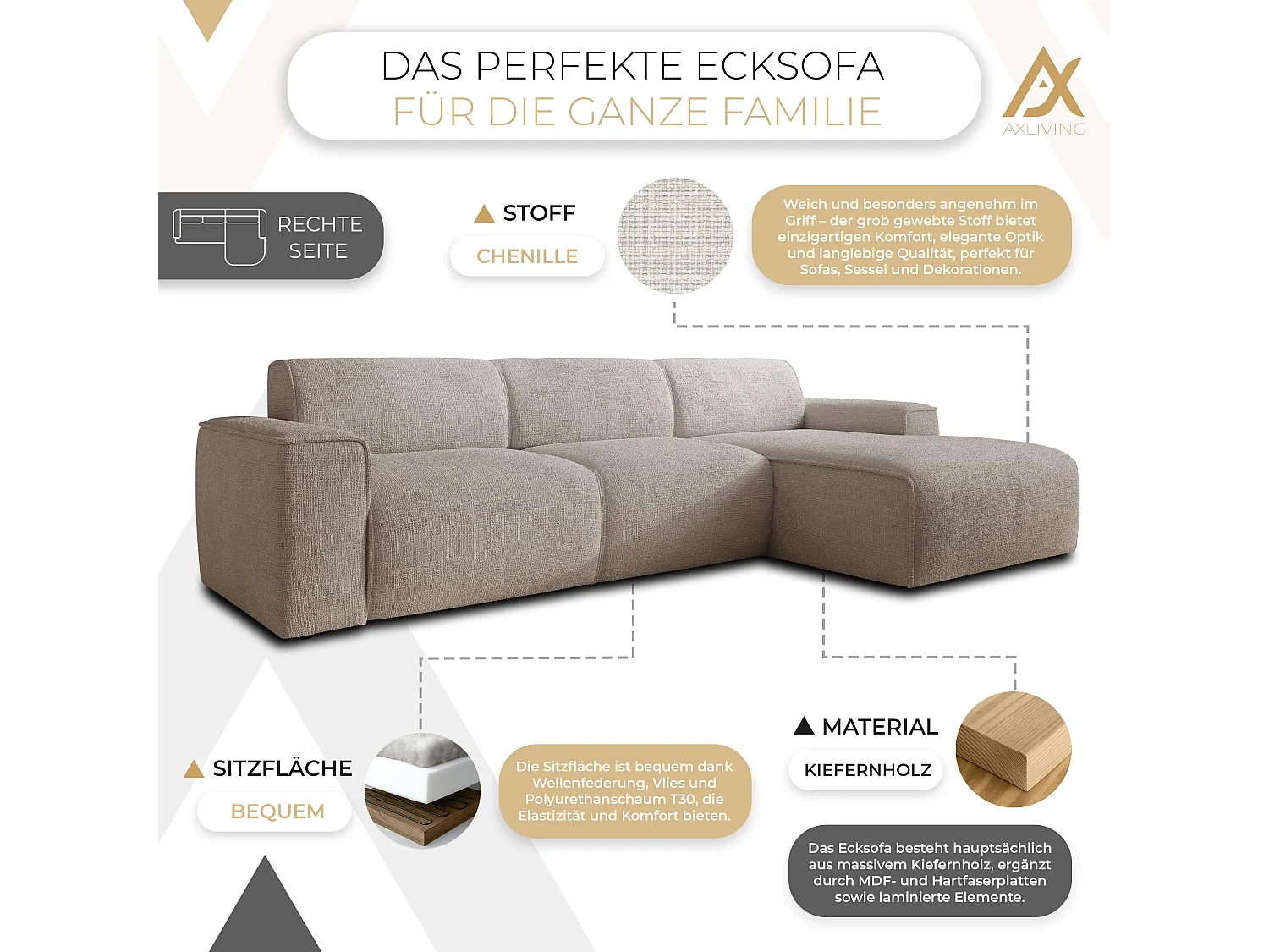 AX LIVING Couch Sofa L Form Didim mini Ivory 310 cm breit, stilvoll R