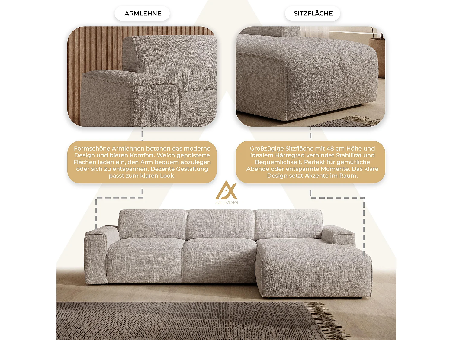 AX LIVING Couch Sofa L Form Didim mini Ivory 310 cm breit, stilvoll R