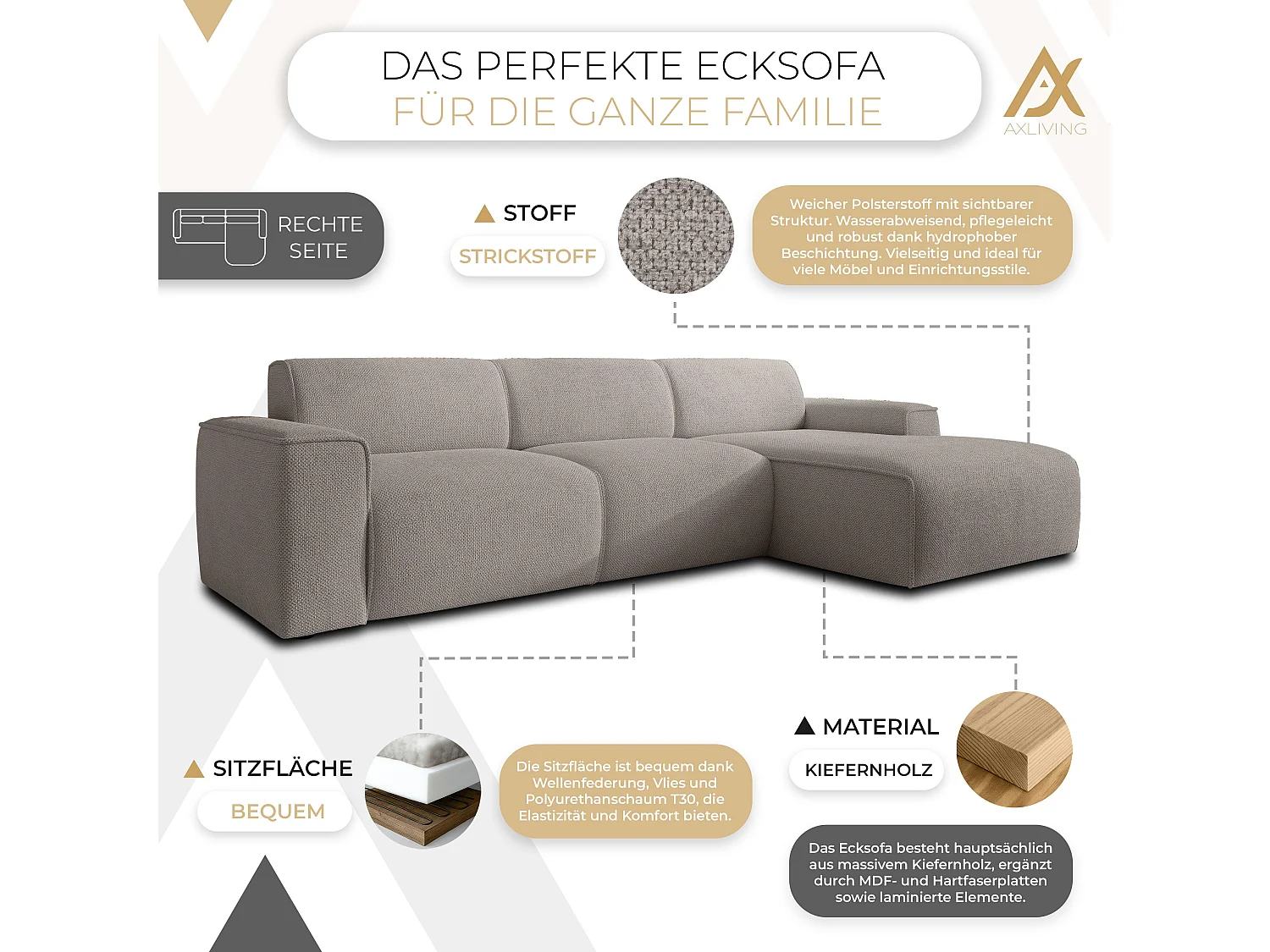 AX LIVING Couch Sofa L Form Didim mini Beige 310 cm breit, stilvoll R