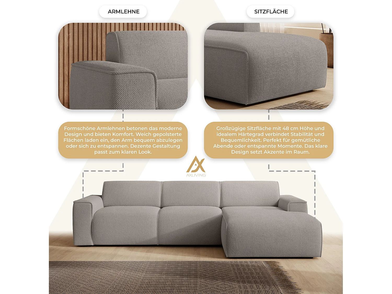 AX LIVING Couch Sofa L Form Didim mini Beige 310 cm breit, stilvoll R