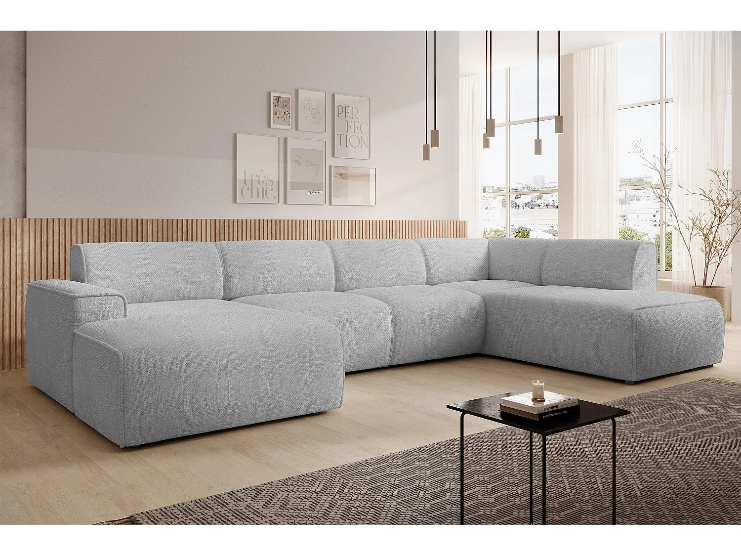 AX LIVING Canapé XXL en U Didim gris clair 378 cm moderne spacieux droite