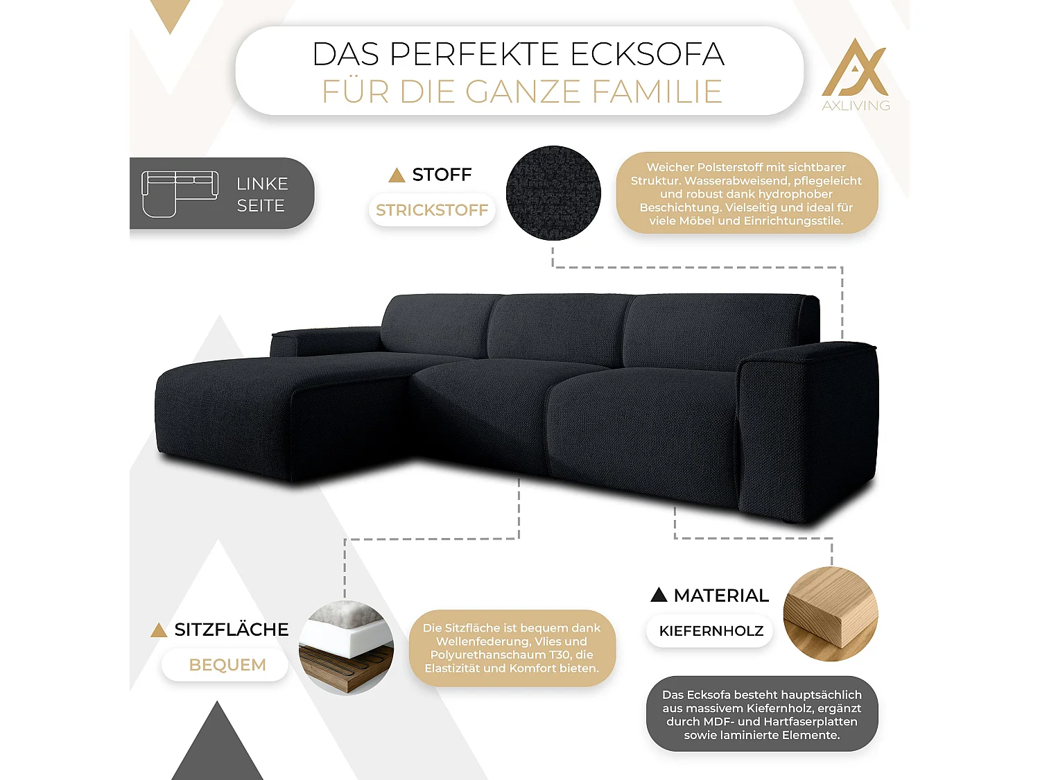 AX LIVING Couch Sofa L Form Didim mini Schwarz 310 cm breit, stilvoll L