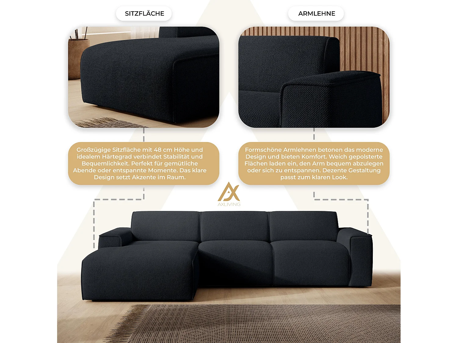 AX LIVING Couch Sofa L Form Didim mini Schwarz 310 cm breit, stilvoll L