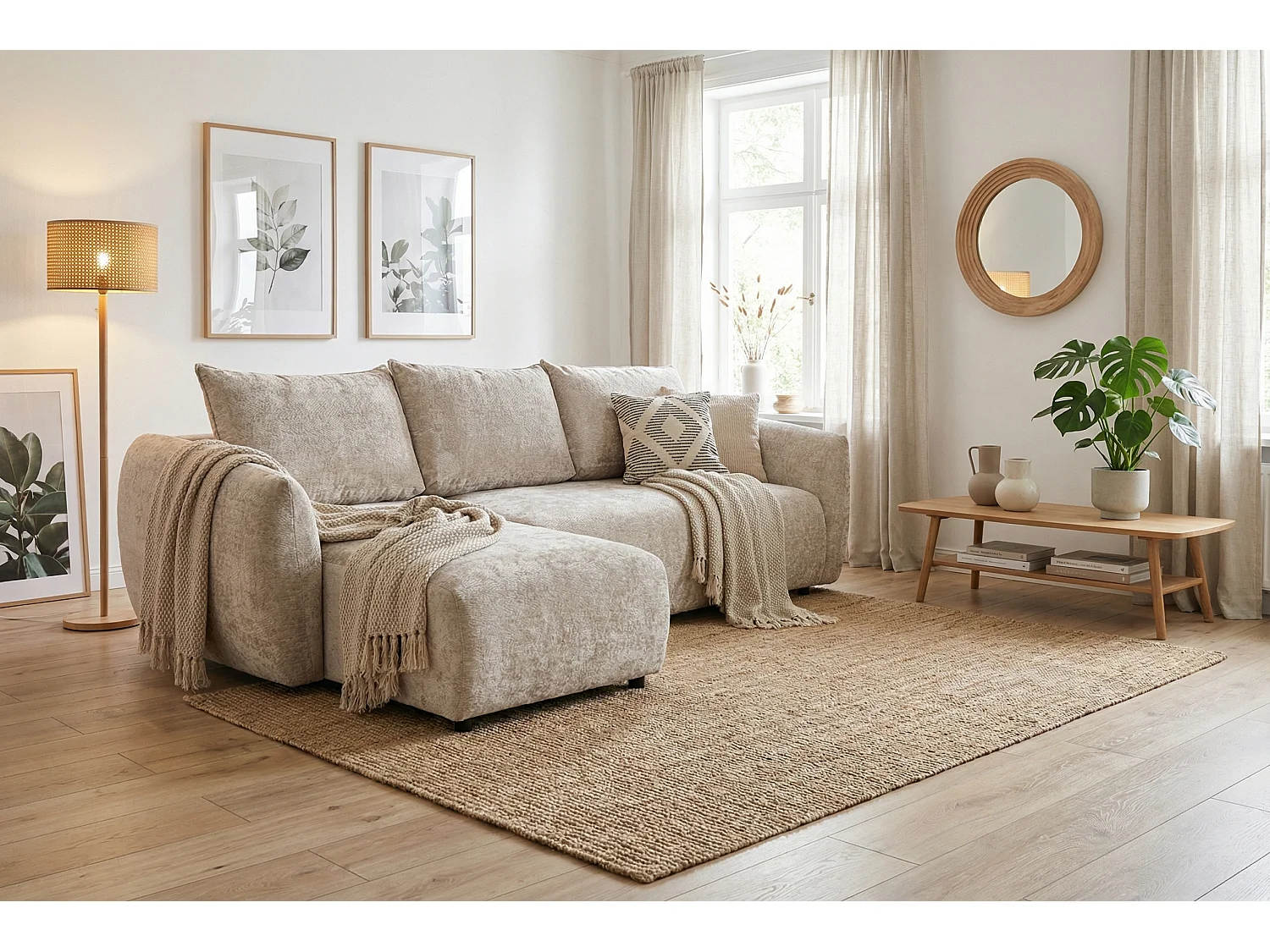 Canapé d’angle convertible gauche ZEPHIRA 258 × 170 cm en tissu FLOW 3 beige