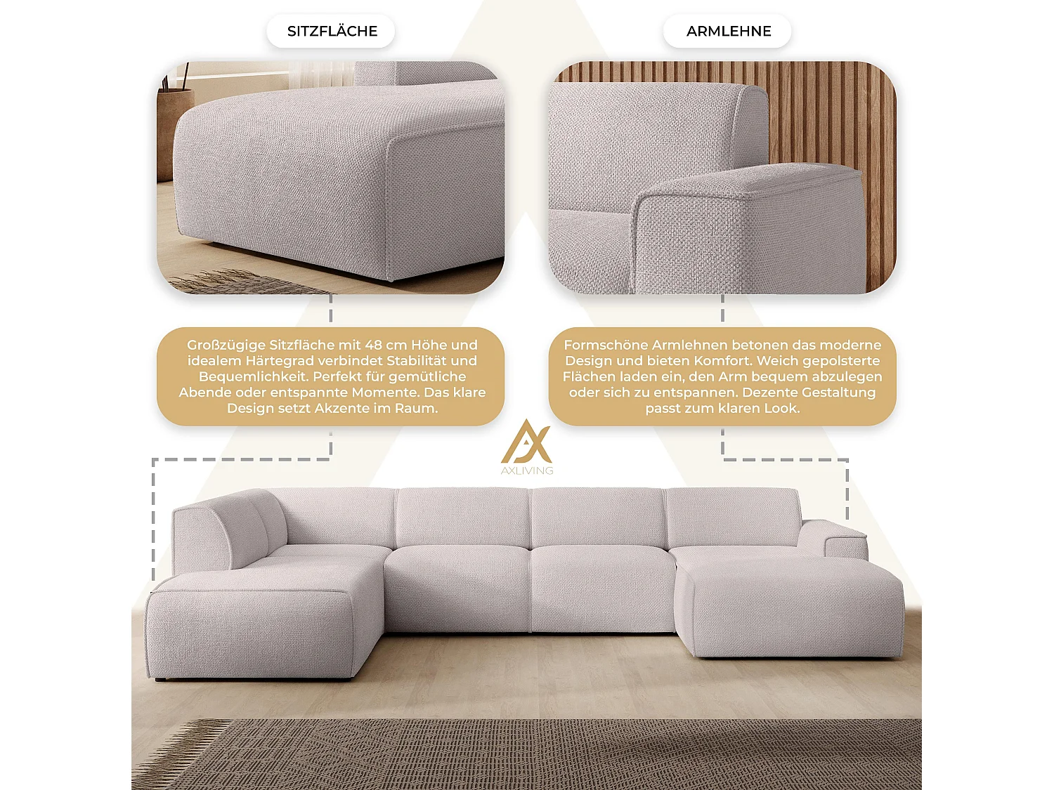 AX LIVING XXL Sofa U Form Didim Creme 378cm breit modern & großzügig L