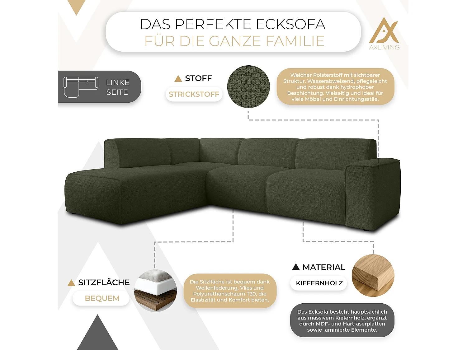 AX LIVING Couch Sofa L Form Didim L Grün – 292 cm, stilvoll & bequem L
