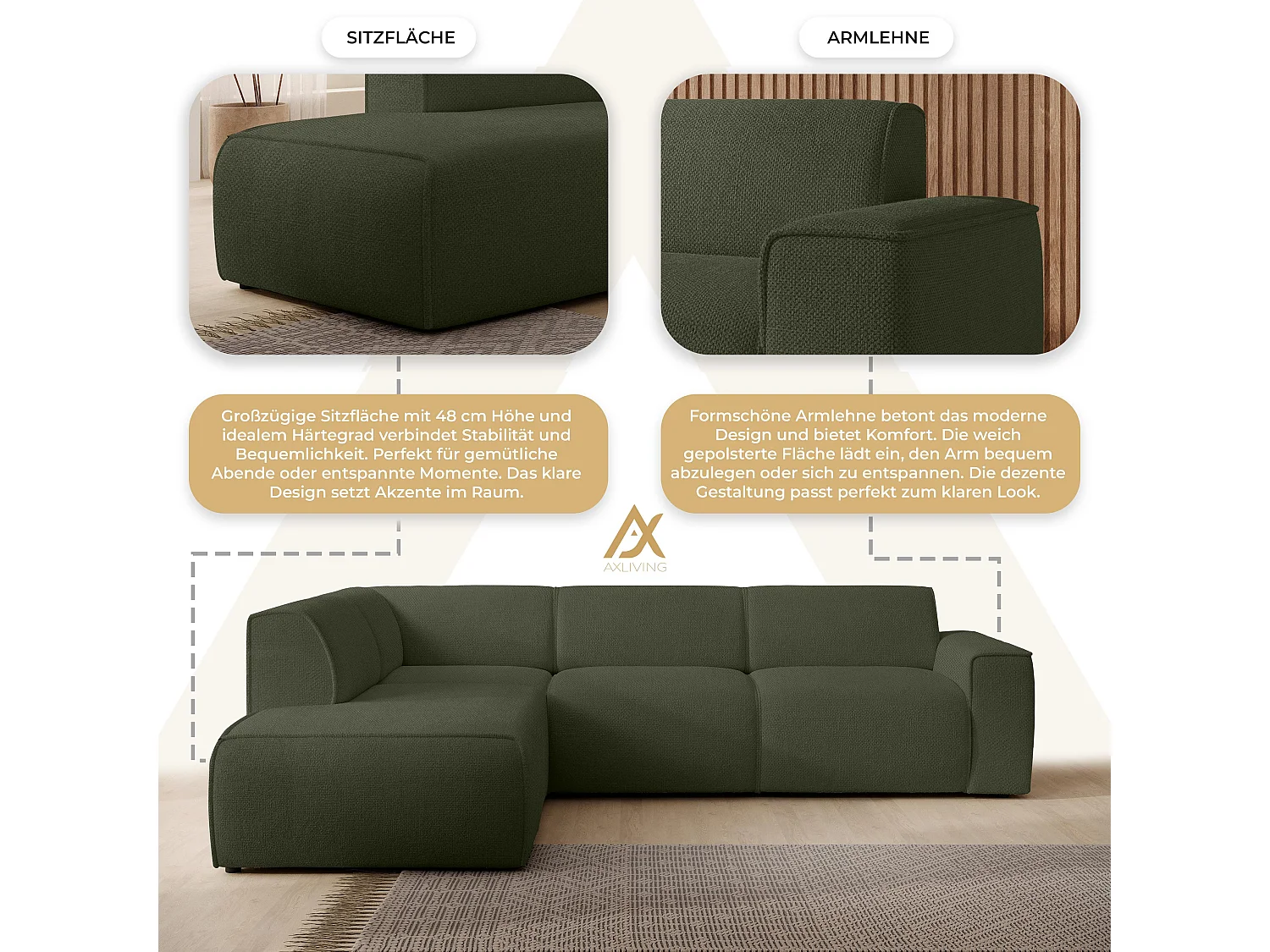 AX LIVING Couch Sofa L Form Didim L Grün – 292 cm, stilvoll & bequem L