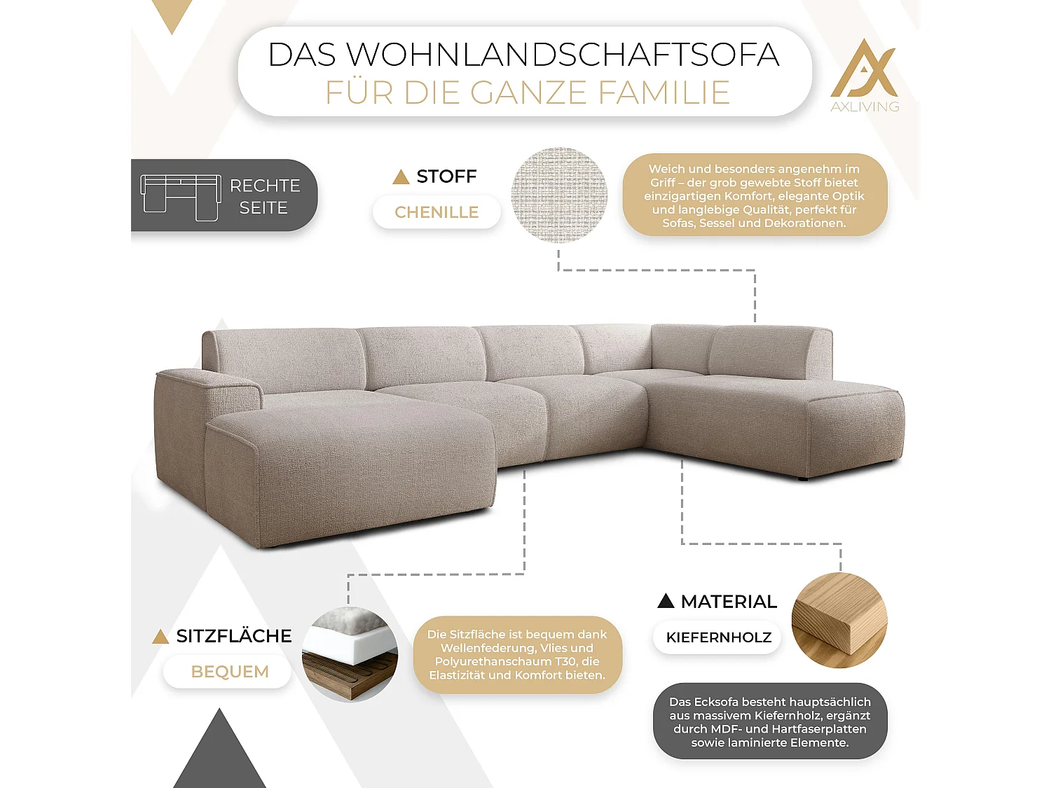 AX LIVING XXL Sofa U Form Didim Ivory 378cm breit modern & großzügig R