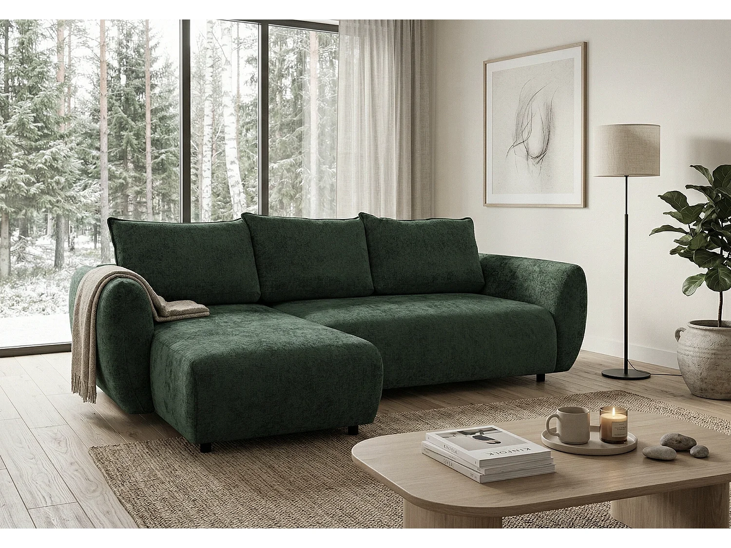 Canapé d’angle gauche convertible élégant ZEPHIRA 258 × 170 cm en tissu FLOW 19 vert