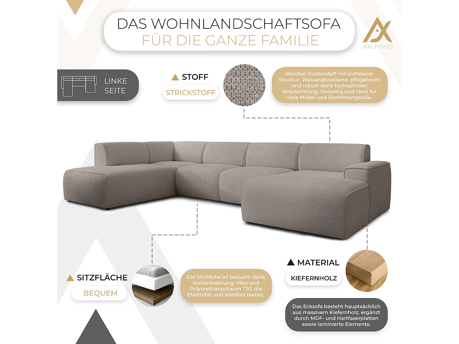 AX LIVING XXL Sofa U Form Didim Beige 378cm breit modern & großzügig L