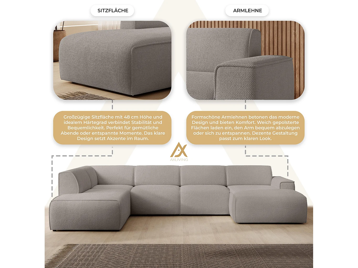 AX LIVING XXL Sofa U Form Didim Beige 378cm breit modern & großzügig L