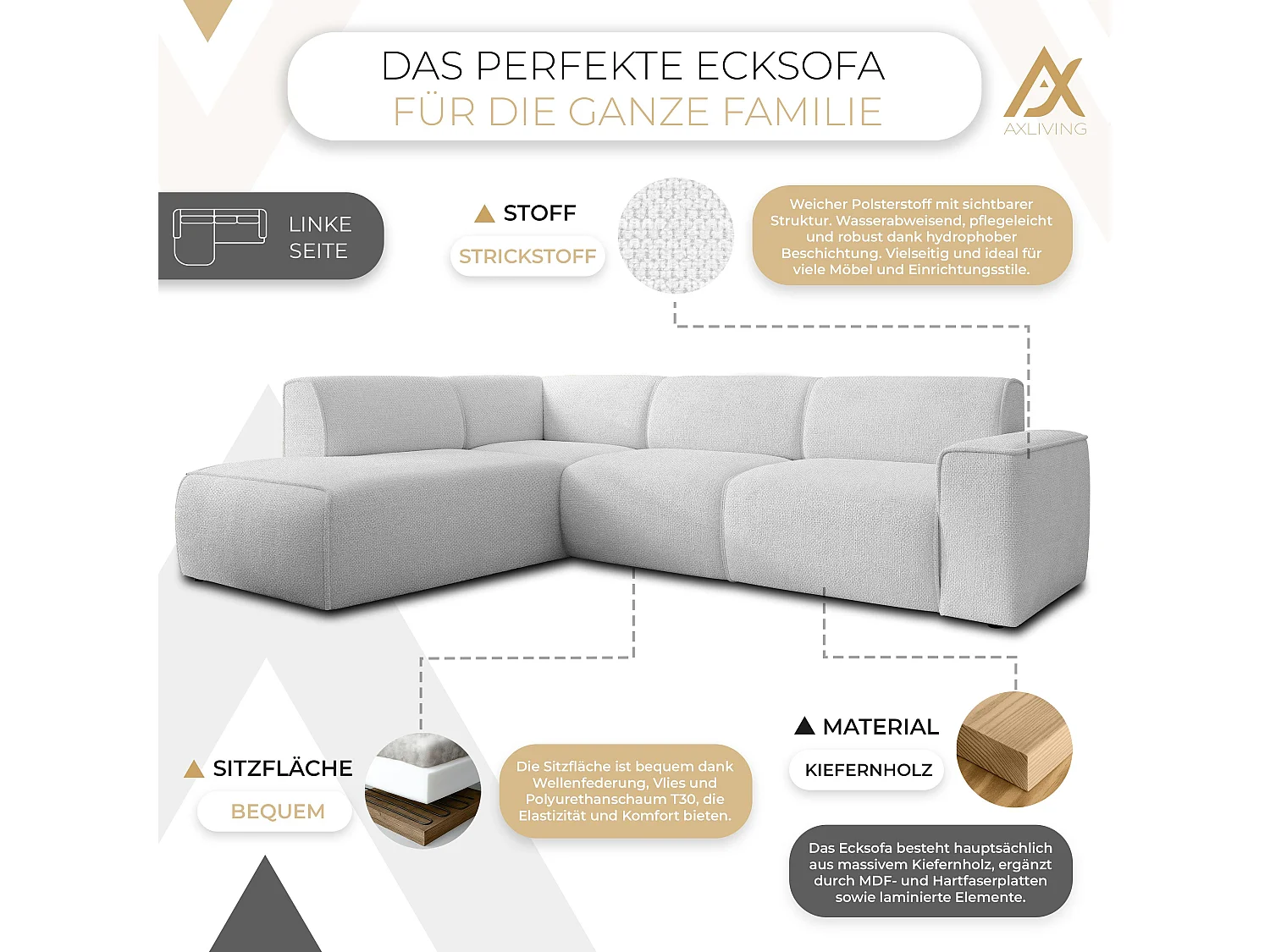 AX LIVING Couch Sofa L Form Didim L Silber 292 stilvoll & bequem L