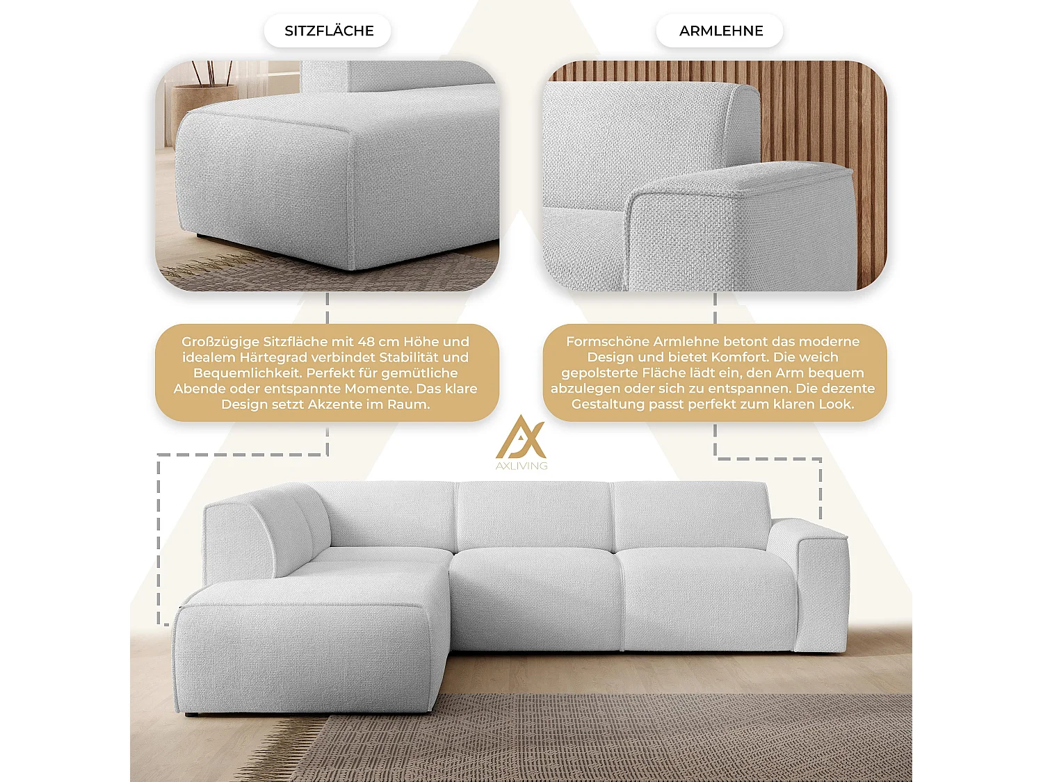 AX LIVING Couch Sofa L Form Didim L Silber 292 stilvoll & bequem L