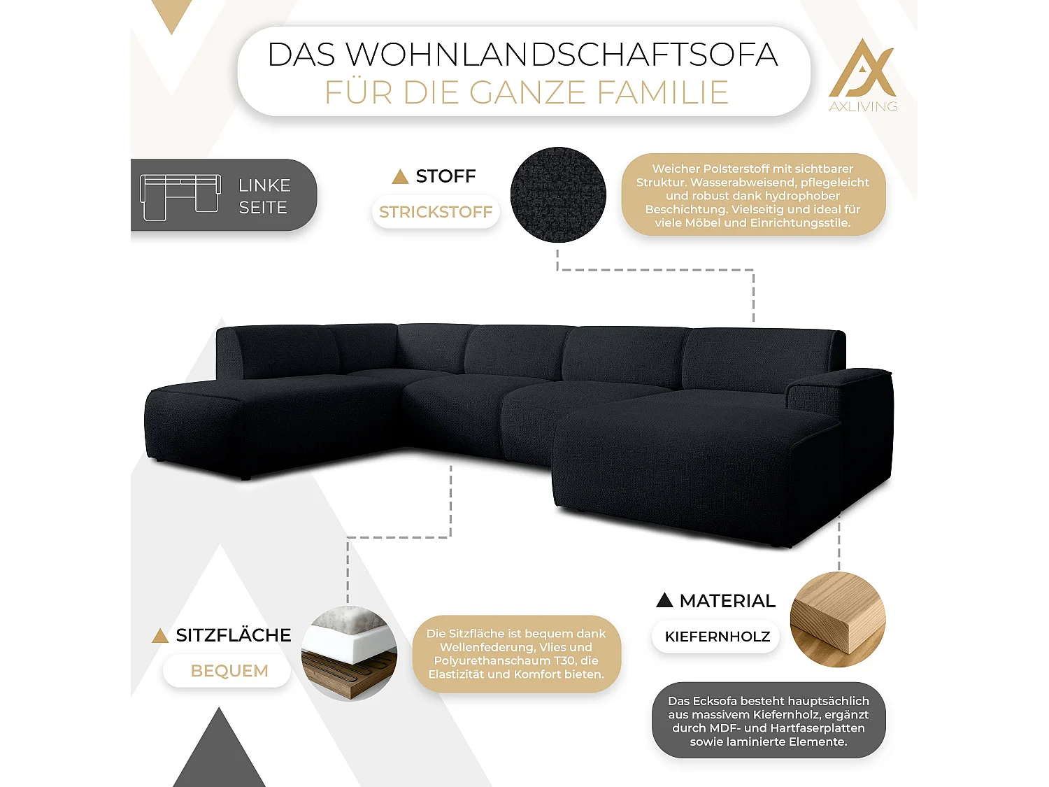 AX LIVING XXL Sofa U Form Didim Schwarz 378cm breit modern & großzügig L