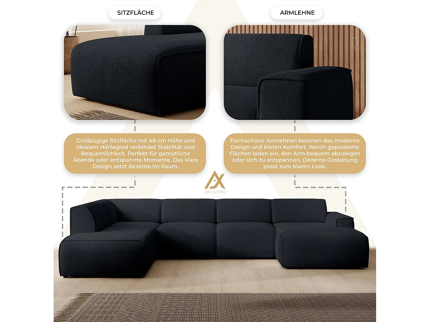 AX LIVING XXL Sofa U Form Didim Schwarz 378cm breit modern & großzügig L