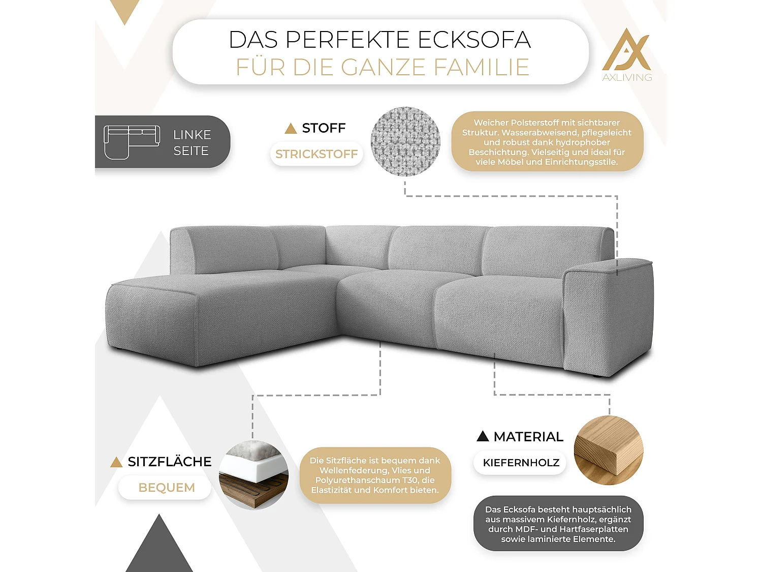 AX LIVING Canapé d’angle L Didim L gris clair 292 cm élégant confortable gauche