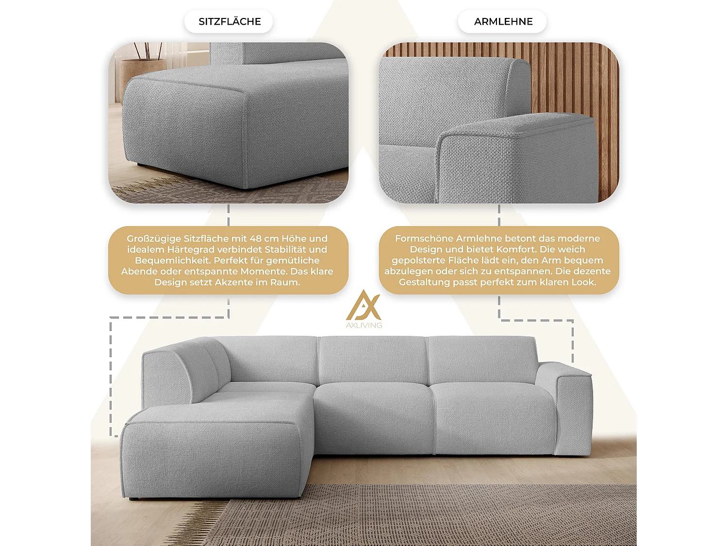 AX LIVING Canapé d’angle L Didim L gris clair 292 cm élégant confortable gauche