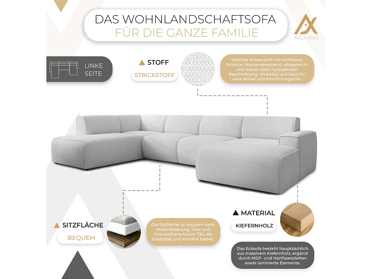 AX LIVING XXL Sofa U Form Didim Silber 378ncm modern & großzügig L