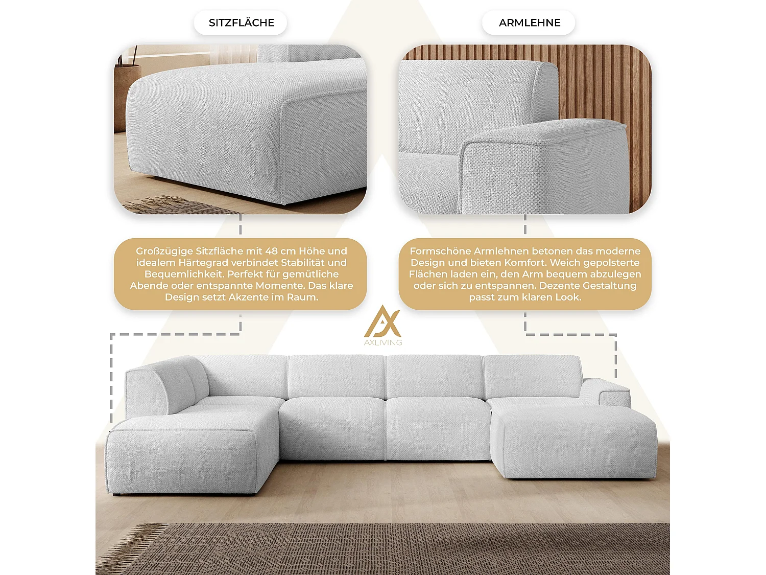 AX LIVING XXL Sofa U Form Didim Silber 378ncm modern & großzügig L