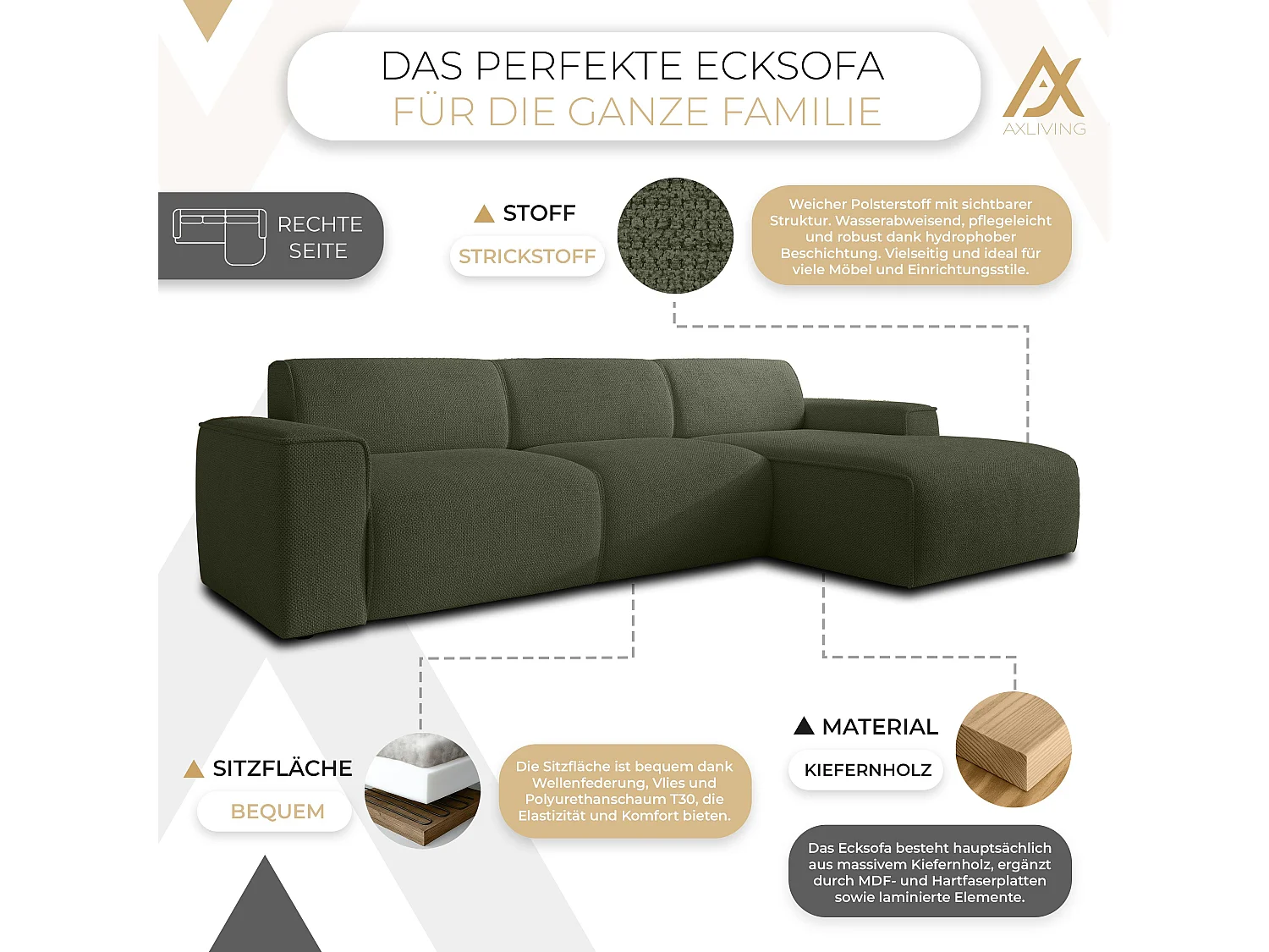 AX LIVING Couch Sofa L Form Didim mini Grün 310 cm breit, stilvoll R