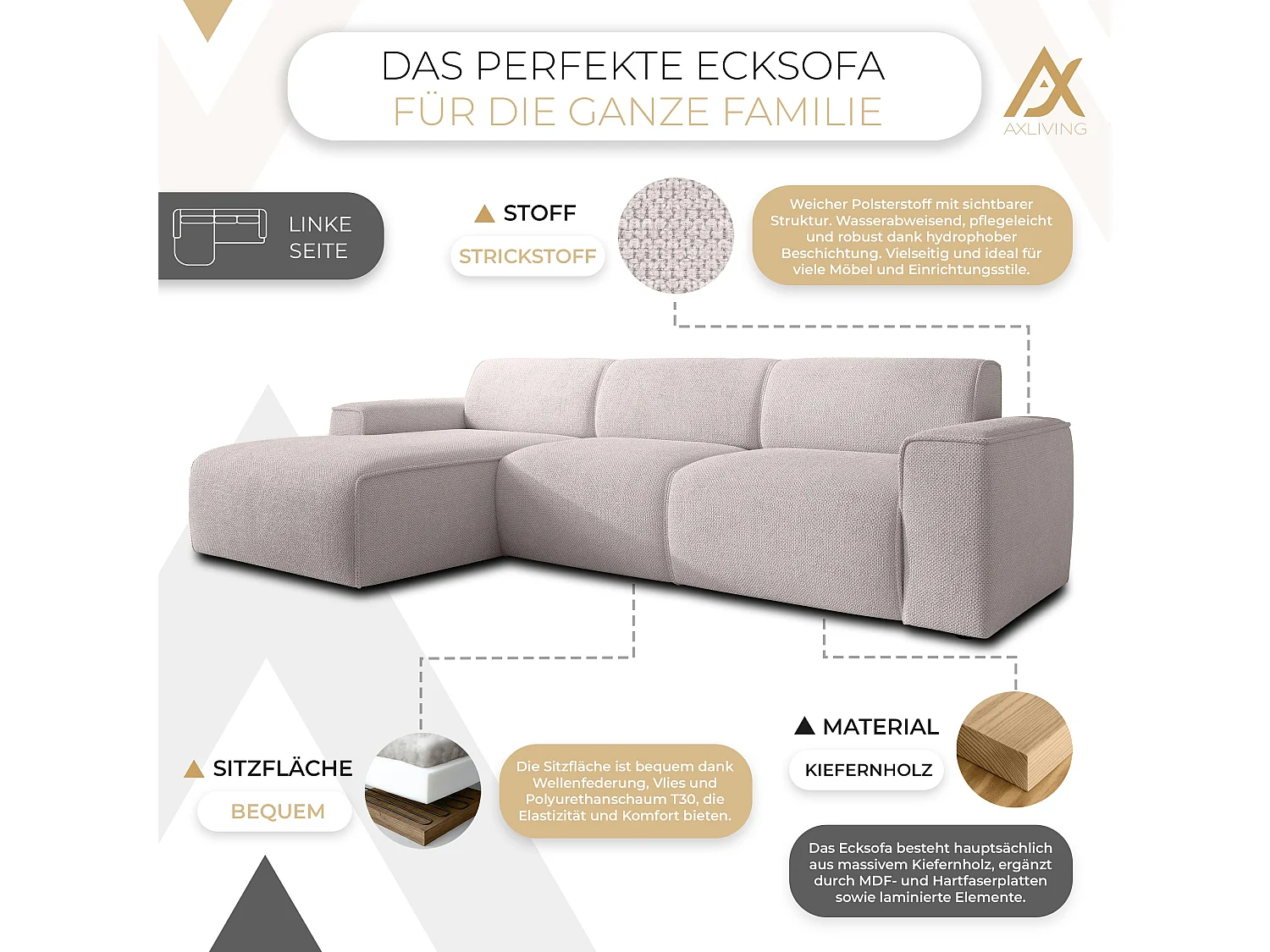 AX LIVING Couch Sofa L Form Didim mini Creme 310 cm breit, stilvoll L