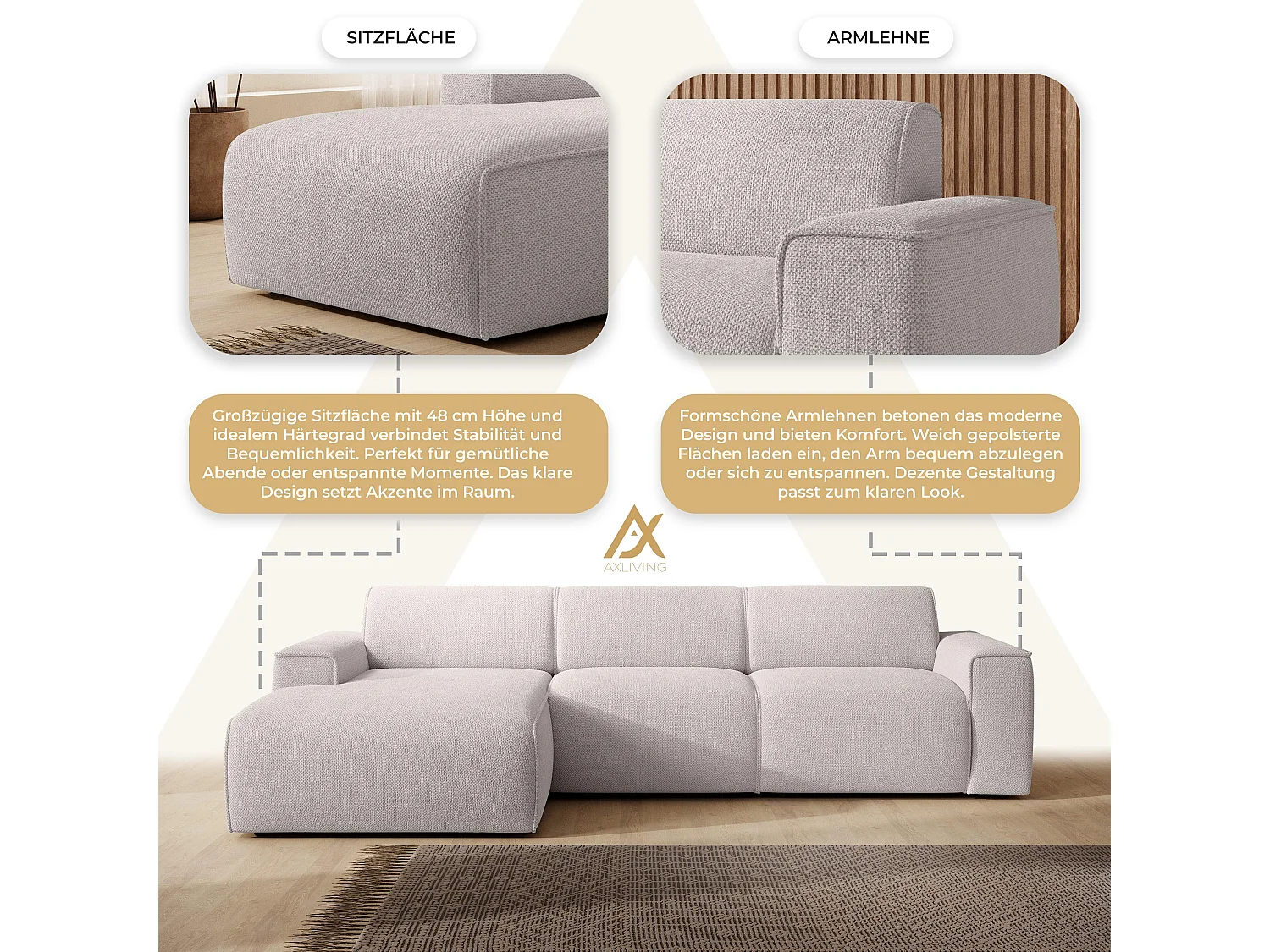 AX LIVING Couch Sofa L Form Didim mini Creme 310 cm breit, stilvoll L