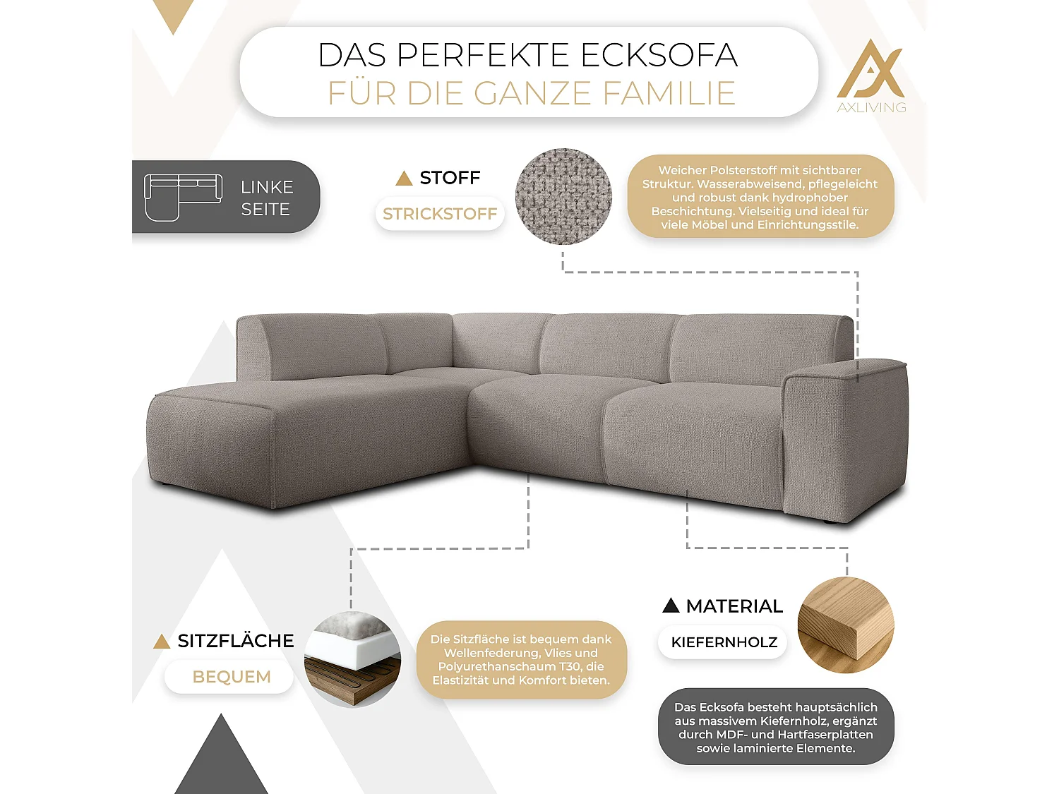 AX LIVING Couch Sofa L Form Didim L Beige – 292 cm, stilvoll & bequem L