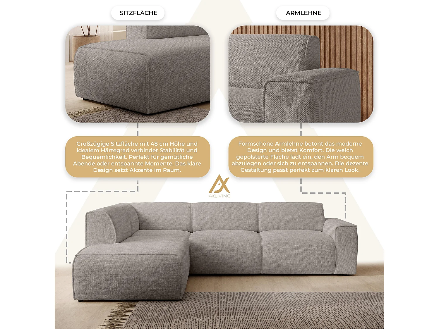 AX LIVING Couch Sofa L Form Didim L Beige – 292 cm, stilvoll & bequem L