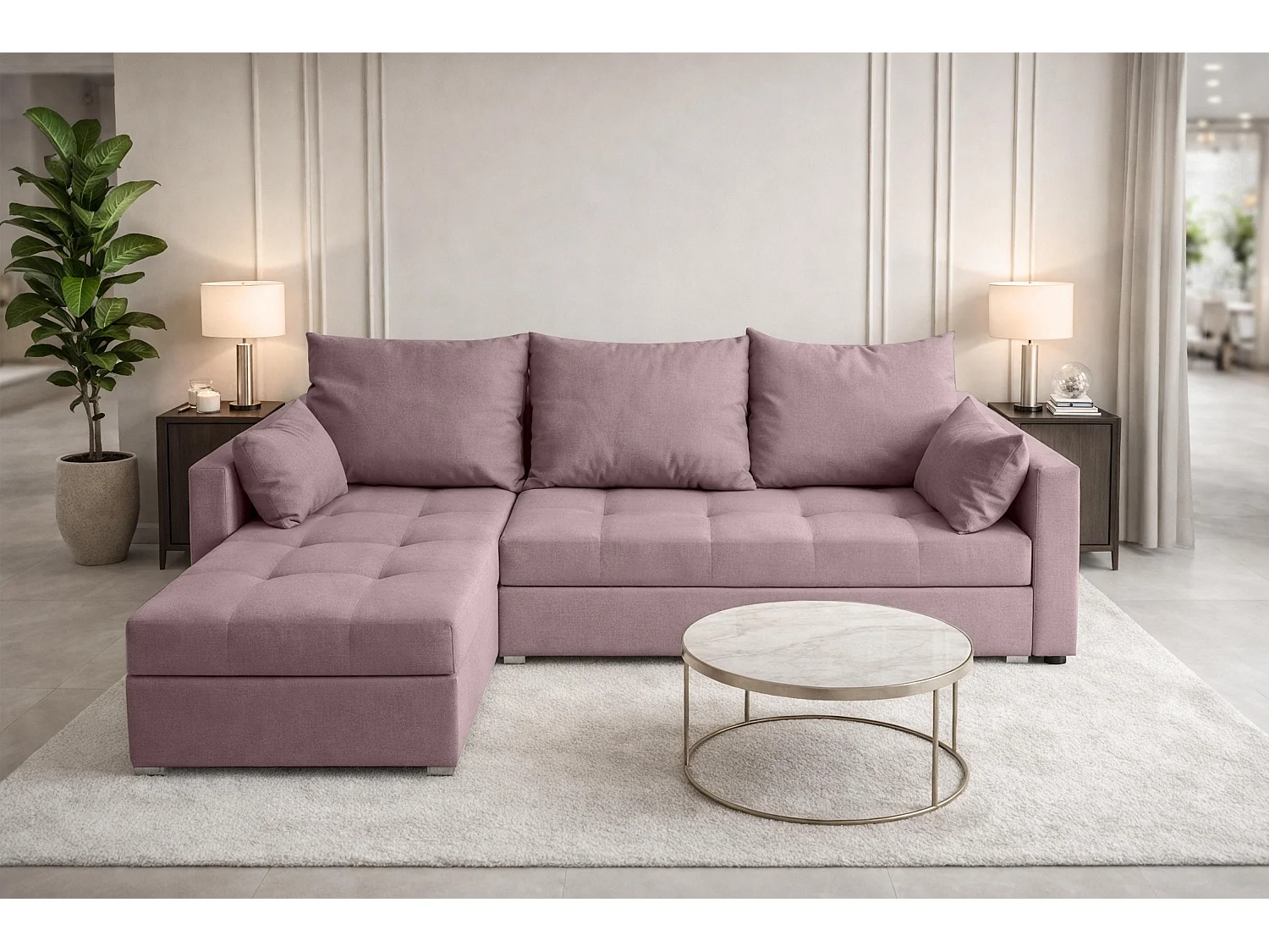 AX LIVING Canapé d’angle ELIF rose convertible avec coffre L moderne gauche