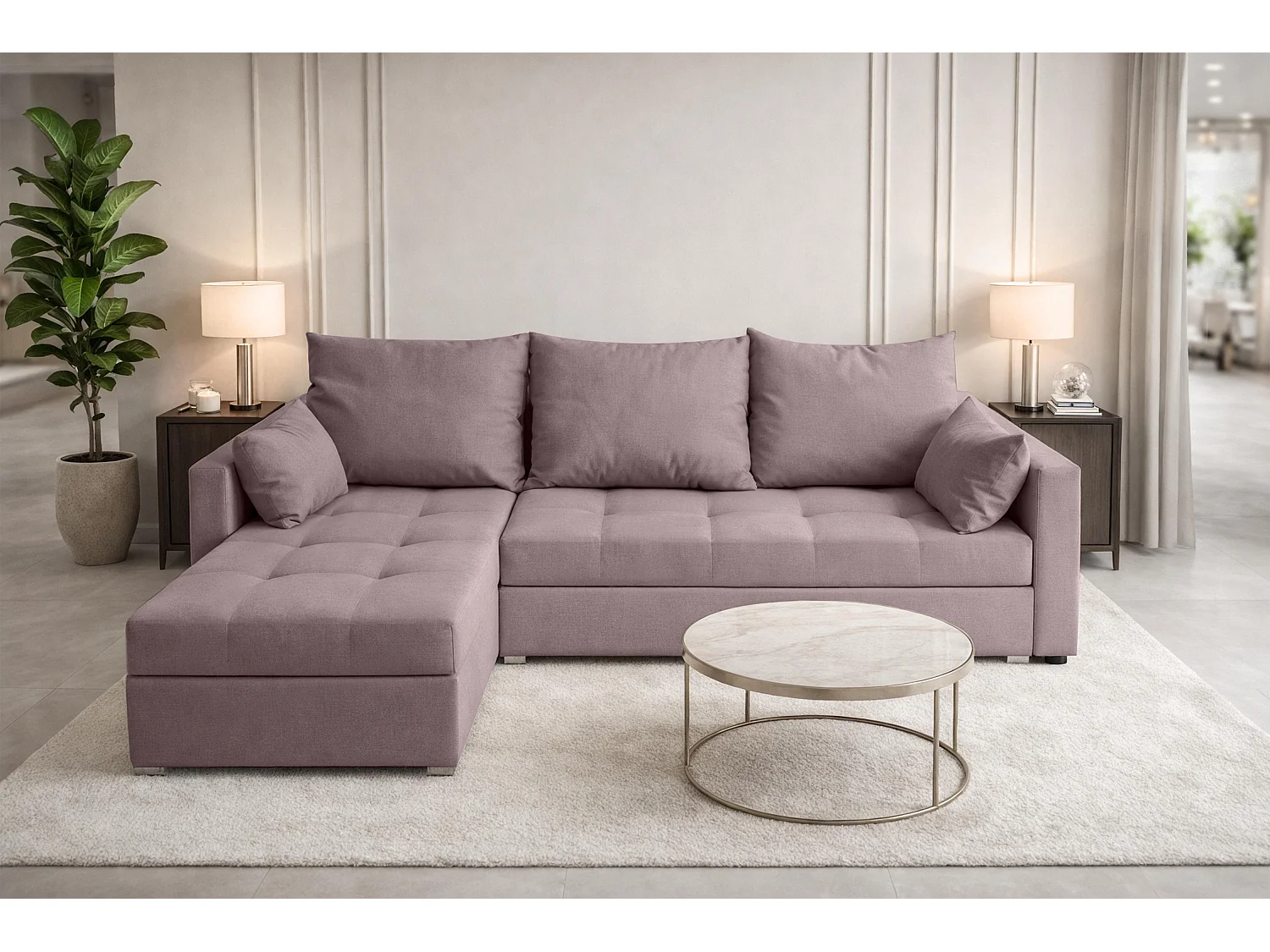 AX LIVING Canapé d’angle ELIF rose convertible avec coffre L moderne gauche