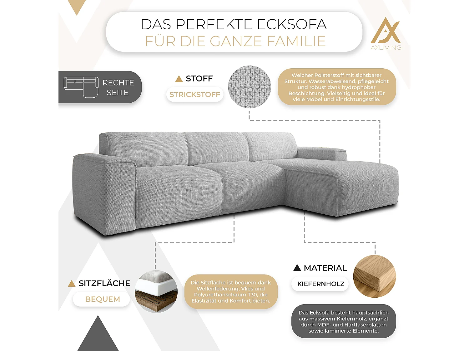 AX LIVING Canapé d’angle L Didim mini gris clair 310 cm moderne droite