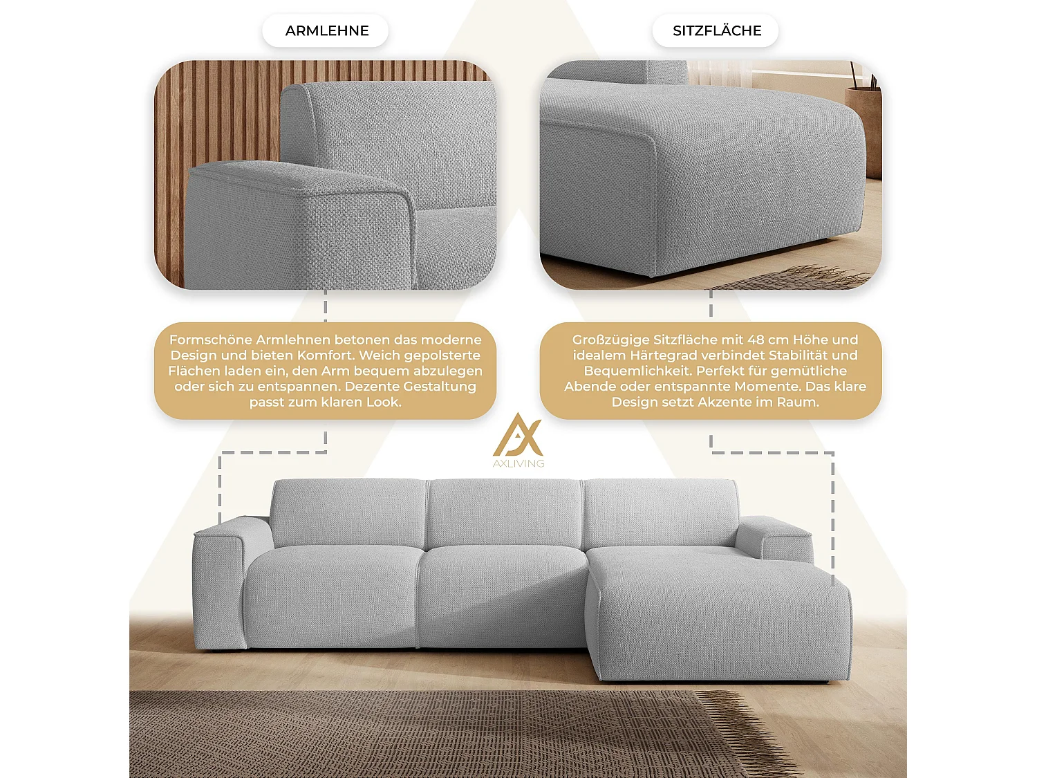 AX LIVING Canapé d’angle L Didim mini gris clair 310 cm moderne droite