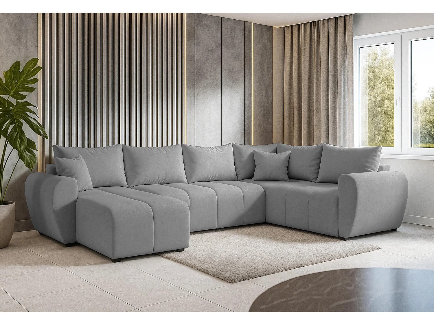 AX LIVING Canapé XXL en U Malatya gris clair 303 cm convertible droite