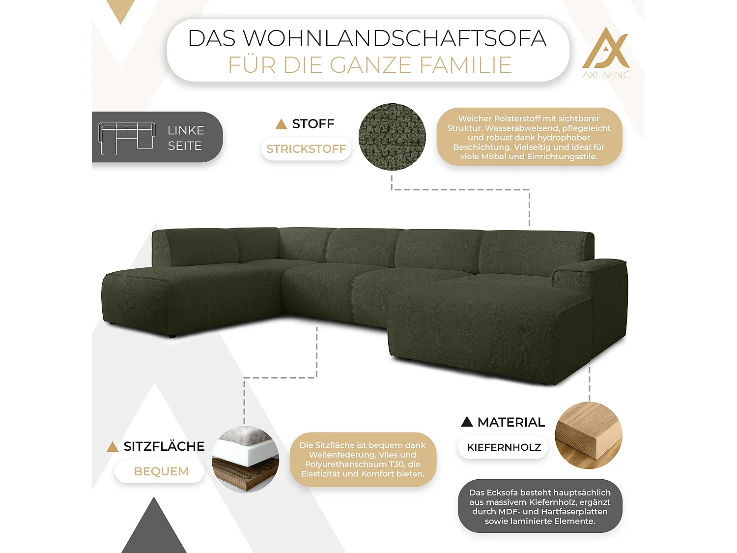 AX LIVING XXL Sofa U Form Didim Grün 378cm breit modern & großzügig L
