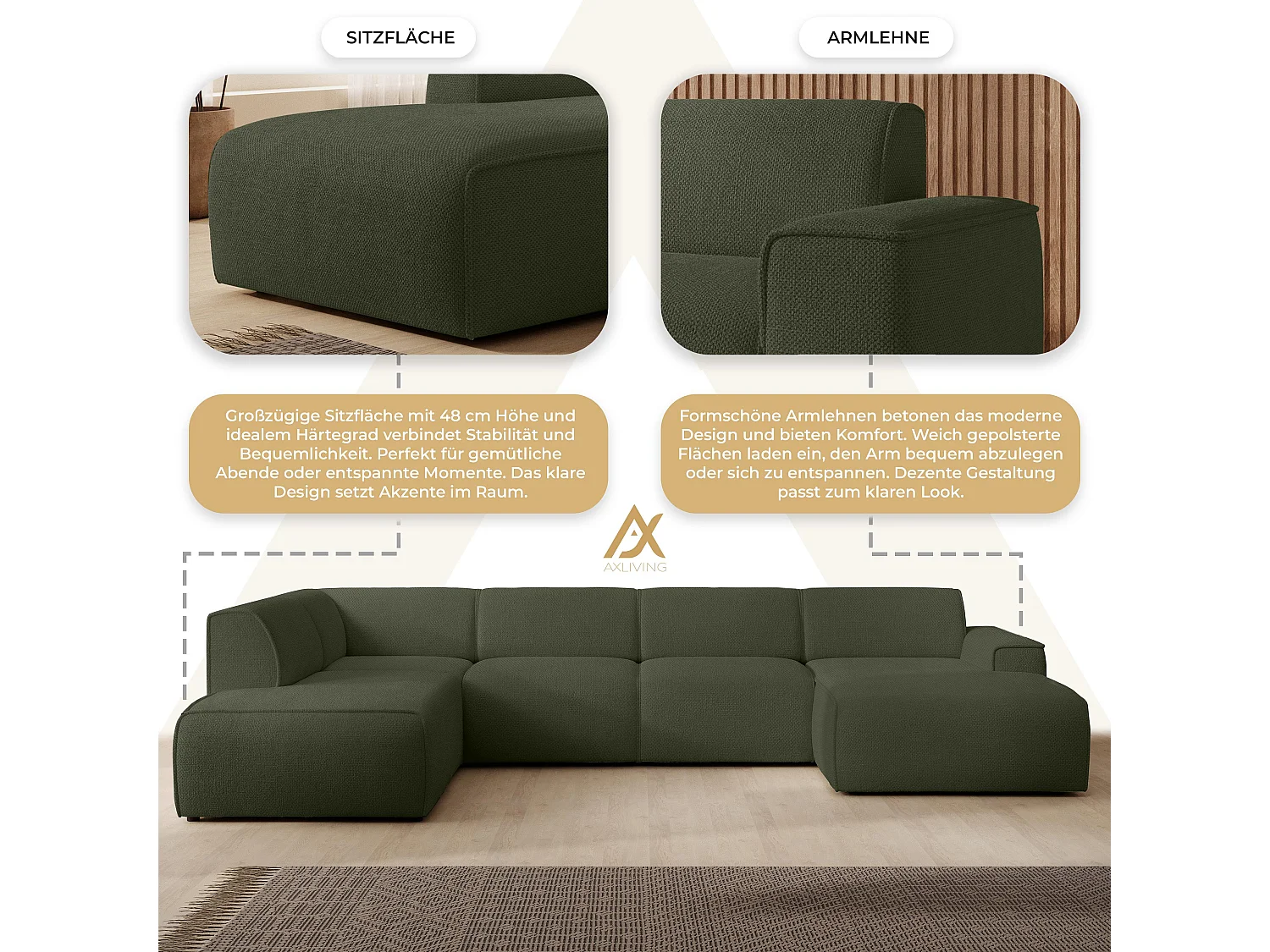 AX LIVING XXL Sofa U Form Didim Grün 378cm breit modern & großzügig L